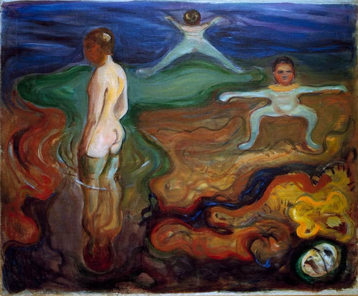 Nackte Jungen am dunklen Strand und im Wasser unter blauem Himmel – Edvard Munch Badende Jungen Kunstkopie