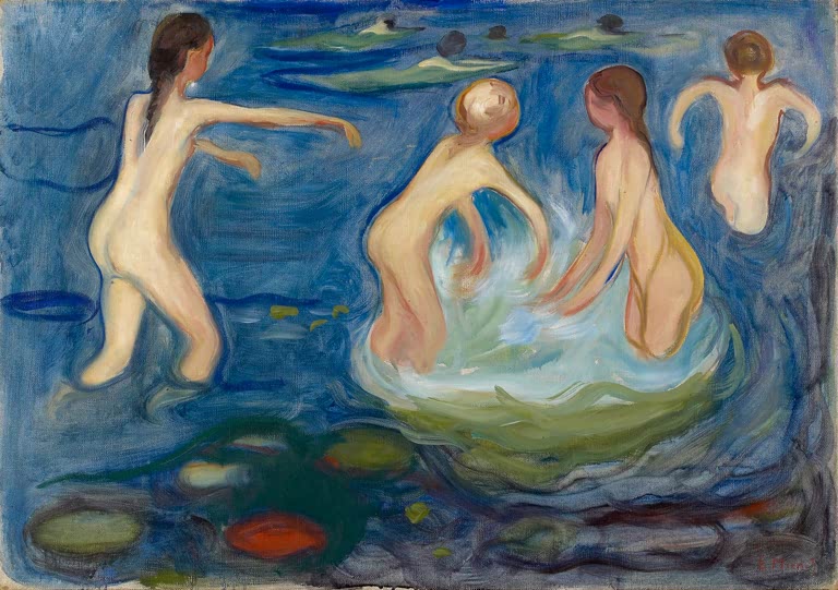 Vier nackte Mädchen baden in tiefblauem Wasser zwischen Seerosen – Edvard Munch Badende Mädchen Kunstkopie