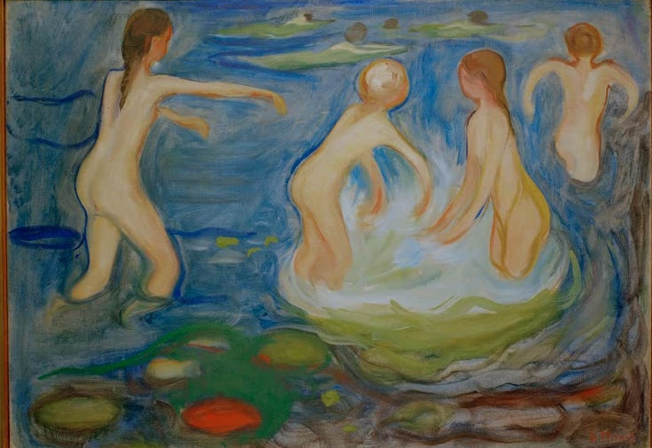 Nackte Mädchen baden im blauen Wasser, im Vordergrund grüne Seerosenblätter – Edvard Munch Badende Mädchen Kunstkopie