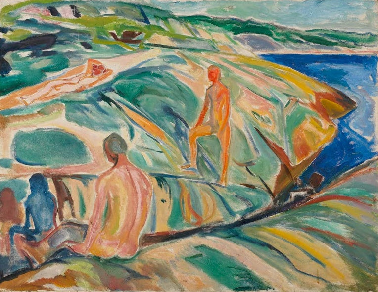 Edvard Munch Badende Männer auf Felsen Kunstkopie, nackte Männer auf grünen Küstenfelsen vor blauem Meer