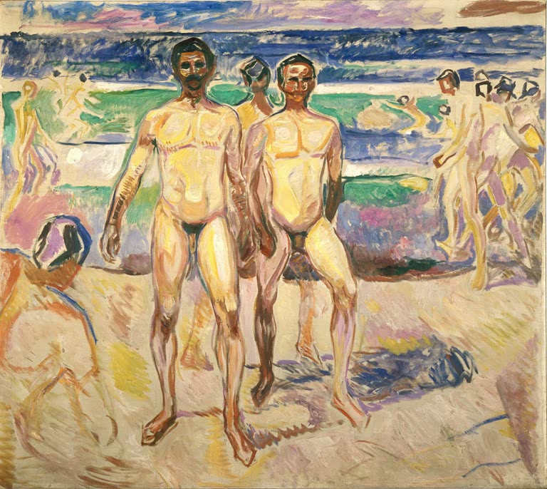 Nackte Männer gehen am Strand vor dem Meer – Edvard Munch Badende Männer Kunstkopie