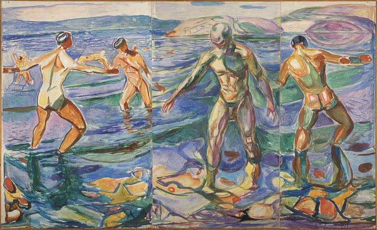 Vier nackte Männer waten in blauem Wasser einer Bucht, dahinter Hügel und Himmel – Edvard Munch Badende Männer Kunstkopie