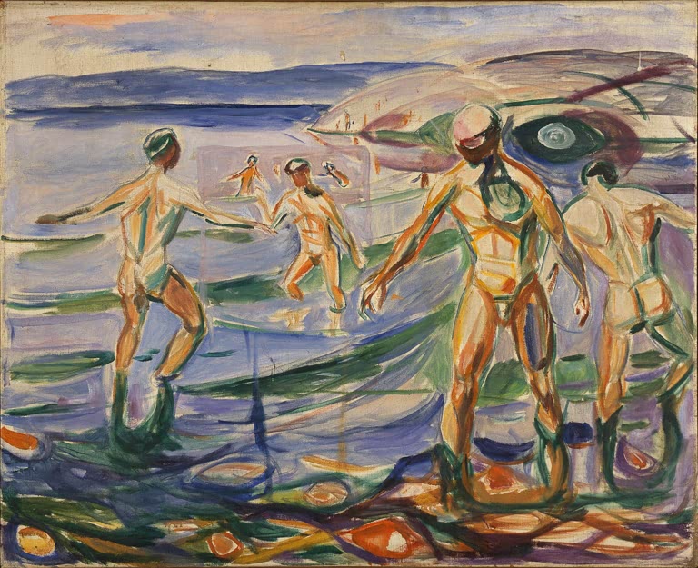 Nackte Männer waten und baden im flachen Wasser eines Fjords – Edvard Munch Badende Männer Kunstkopie