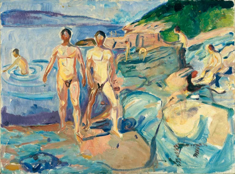 Nackte Männer stehen und baden an felsiger Küste vor blauem Wasser – Edvard Munch Badende Männer Kunstkopie