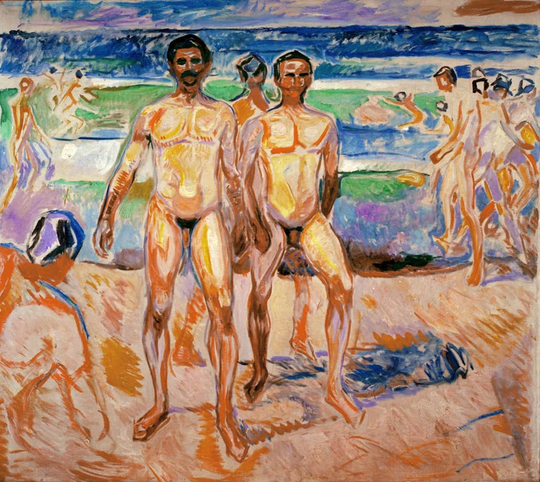 Nackte badende Männer stehen am Strand, im Hintergrund weitere Badende am Meer – Edvard Munch Badende Männer Kunstkopie