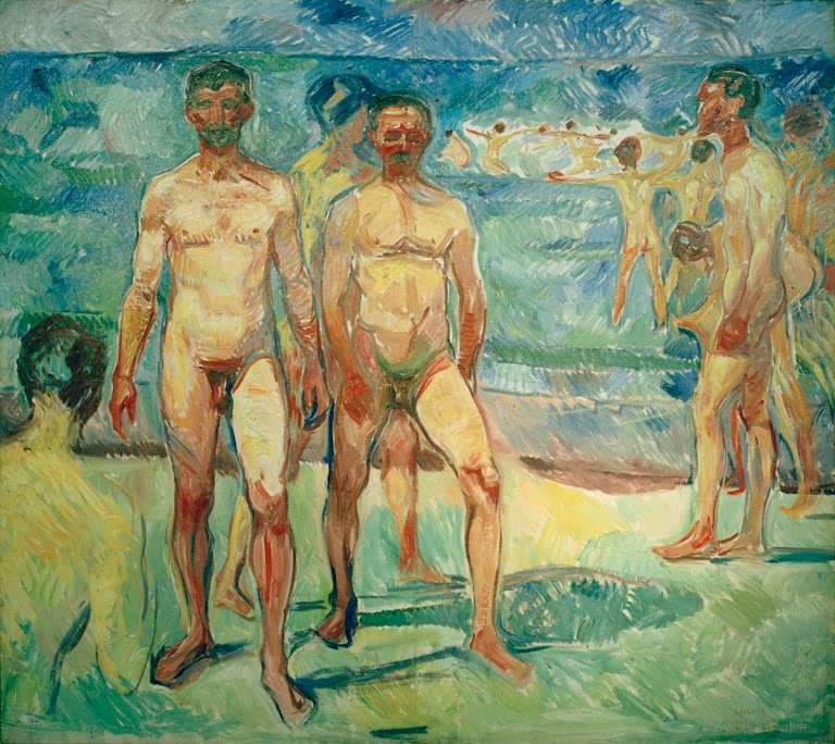 Nackte Männer stehen am Meeresufer, im Hintergrund weitere Badende im Wasser – Edvard Munch Badende Männer Kunstkopie