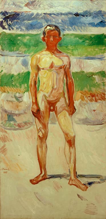 Nackter Junge steht am Strand vor grüner Wiese und Meer – Edvard Munch Badender Junge Kunstkopie
