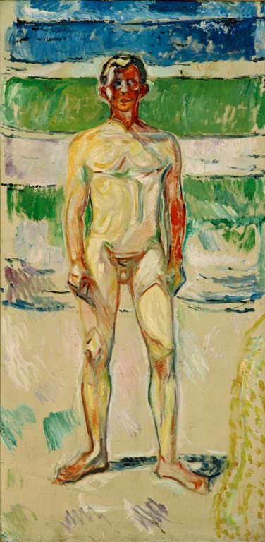 Nackter Mann steht am Strand vor grünem und blauem Wasser – Edvard Munch Badender Knabe Kunstkopie