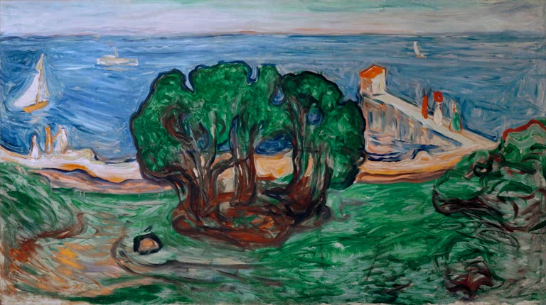 Üppige grüne Baumgruppe am Meer mit Segelboot und Haus am Ufer – Edvard Munch Bäume am Meer Kunstkopie