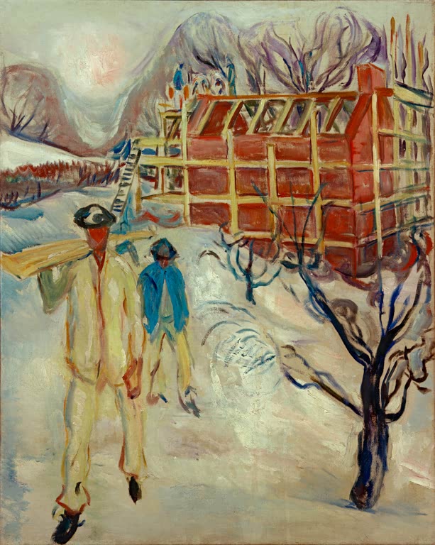Zwei Arbeiter im Schnee vor einem Backsteinbau im Rohbau und kahlen Bäumen – Edvard Munch Bauarbeiter im Schnee Kunstkopie