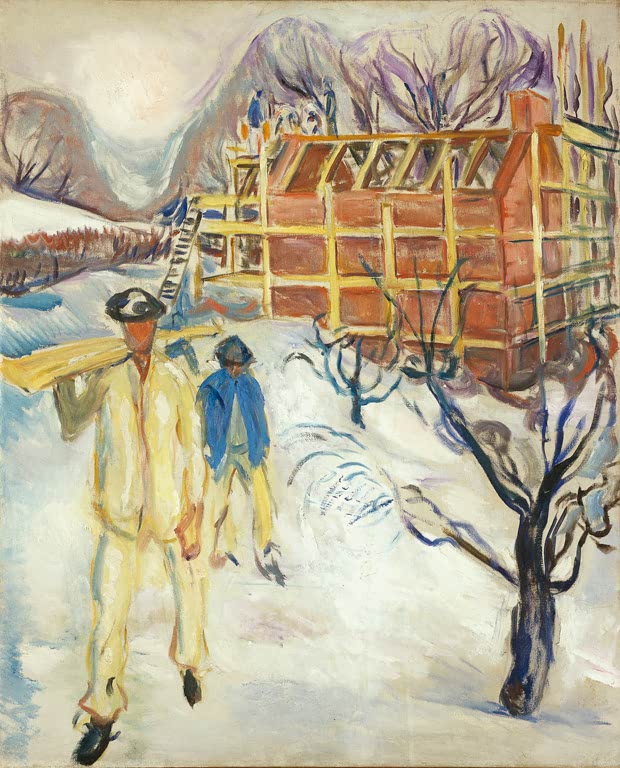 Bauarbeiter mit Balken im Schnee vor einem Haus im Rohbau mit Gerüst – Edvard Munch Bauarbeiter im Schnee Kunstkopie