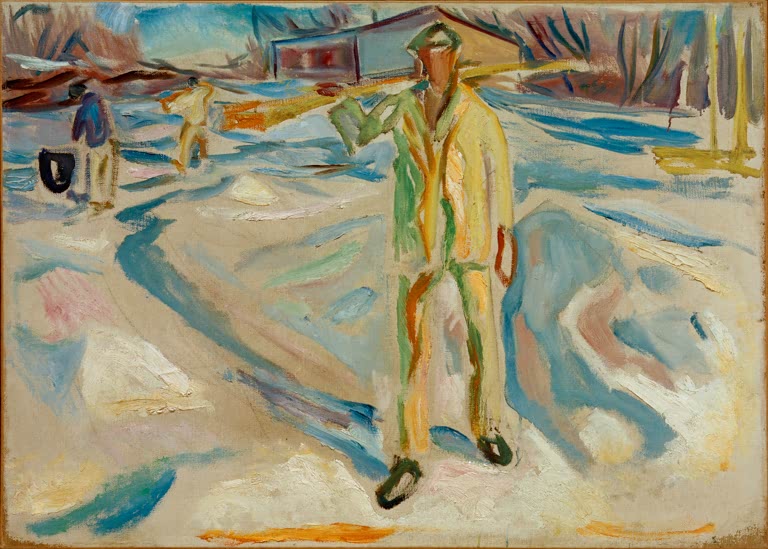 Arbeiter in gelber Kleidung trägt Balken über verschneite Baustelle – Edvard Munch Bauarbeiter mit Balken Kunstkopie