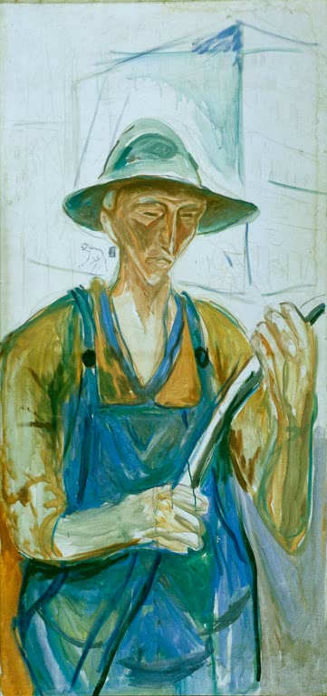 Mann mit Hut und blauer Latzhose hält einen Schlauch in den Händen – Edvard Munch Bauarbeiter Kunstkopie