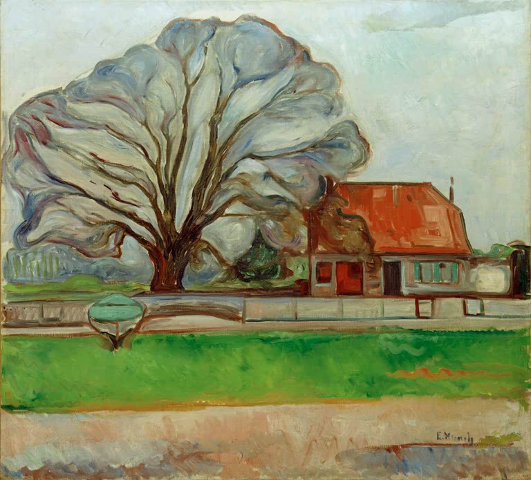 Kahler großer Baum über einem Haus mit rotem Dach unter blaugrauem Himmel – Edvard Munch Baum über dem roten Dach Kunstkopie