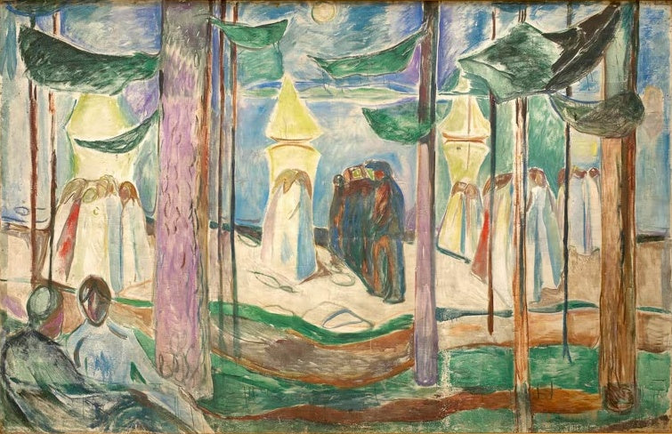 Weiß gekleidete Menschen unter hohen Kiefern an einem hellen Strand – Edvard Munch Begegnung am Strand Kunstkopie
