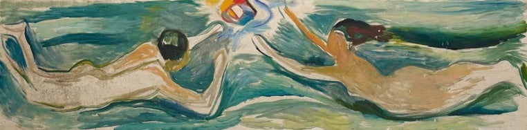 Edvard Munch Begegnung im Weltraum, Schwimmer mit Ball Kunstkopie, zwei nackte Schwimmer in türkisen Wellen