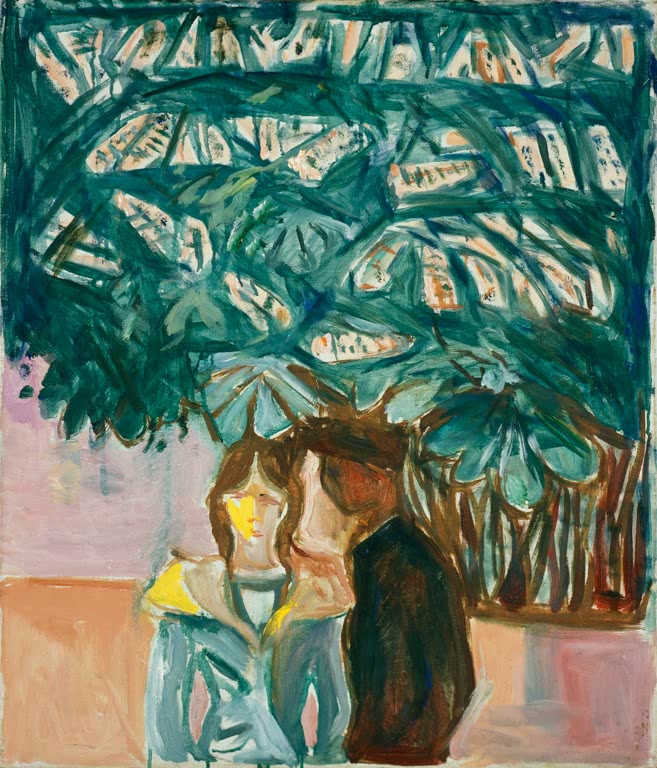Paar steht eng beieinander unter grünem Blätterdach – Edvard Munch Begegnung unter dem Kastanienbaum Kunstkopie