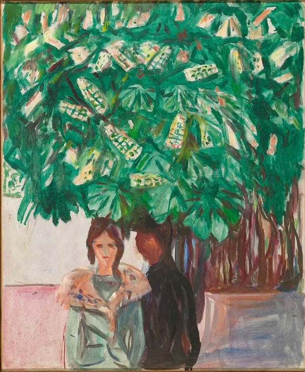 Junges Paar unter einem Kastanienbaum mit hellen Blüten – Edvard Munch Begegnung unter dem Kastanienbaum Kunstkopie