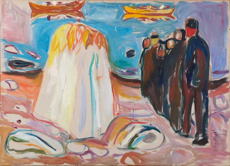 Weiß gekleidete Gestalt trifft am Strand auf eine Gruppe dunkler Männer – Edvard Munch Begegnung Kunstkopie