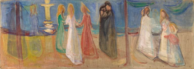 Mädchen in hellen Kleidern gehen am Strand entlang, dahinter ein Paar – Edvard Munch Begehren Kunstkopie