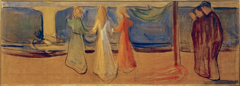 Drei Frauen in langen Gewändern und ein Paar am Strand in warmem Gelbton – Edvard Munch Begier Kunstkopie