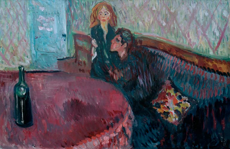 Frau und Mann sitzen auf einem Sofa neben einem Tisch mit grüner Flasche – Edvard Munch Begierde Kunstkopie
