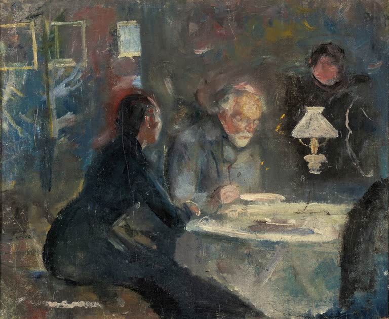 Drei Personen sitzen am abendlichen Tisch unter einer Lampe – Edvard Munch Beim Abendessen Kunstkopie