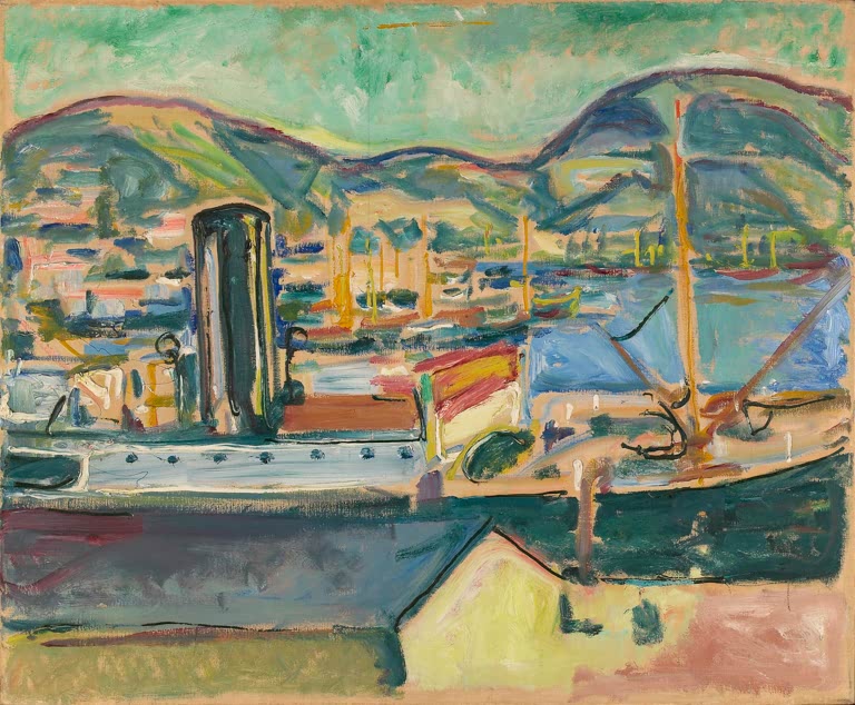 Hafen mit Dampfschiff und Häusern vor grünen Bergen in kräftigen Farben – Edvard Munch Bergen Hafen Kunstkopie