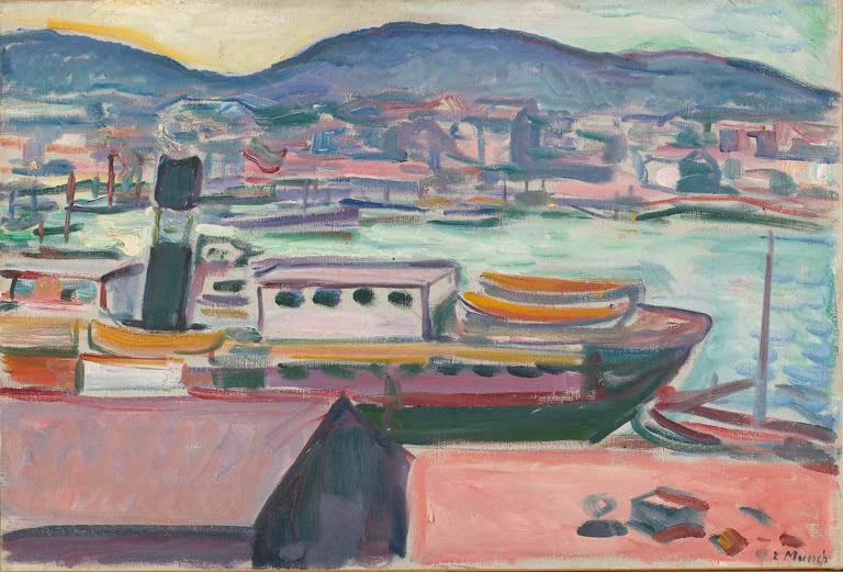 Hafen mit Dampfschiff, Häusern und blauen Hügeln im Hintergrund – Edvard Munch Bergenhafen Kunstkopie