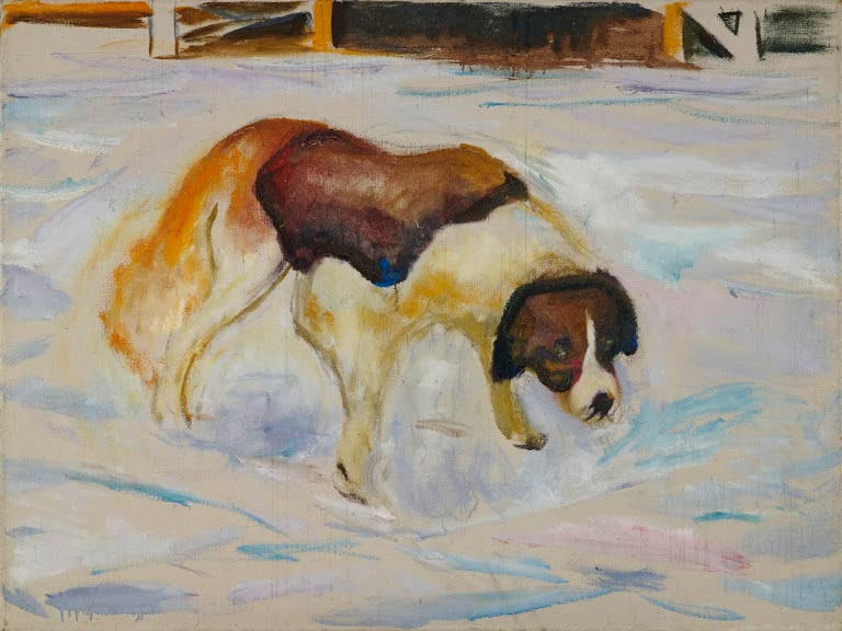 Großer Bernhardiner stapft mit gesenktem Kopf durch hellen Schnee – Edvard Munch Bernhardinerhund im Schnee Kunstkopie