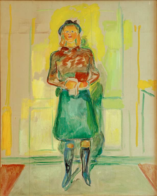 Mädchen in grünem Rock mit Mütze steht in einer hellen Tür und hält eine Tasse – Edvard Munch Besuch auf Ekely Kunstkopie