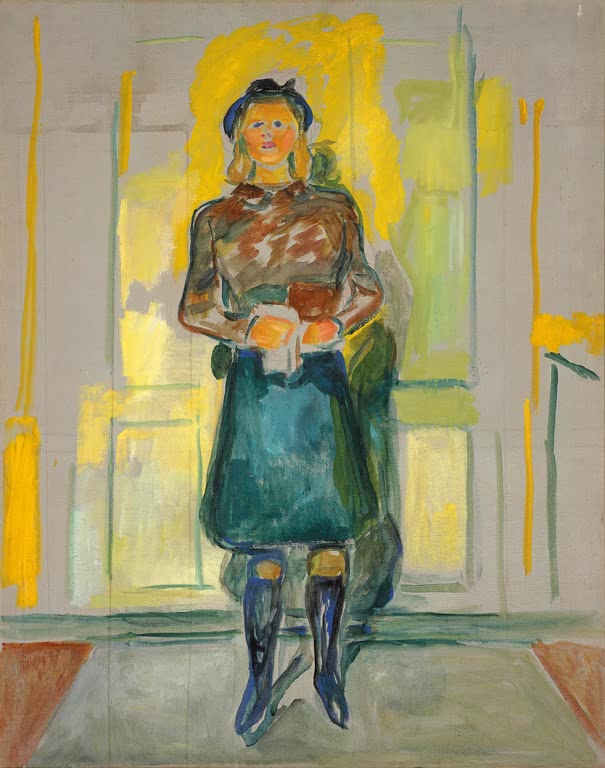 Stehendes Mädchen mit Hut vor einem gelb leuchtenden Türrahmen – Edvard Munch Besuch in Ekely Kunstkopie