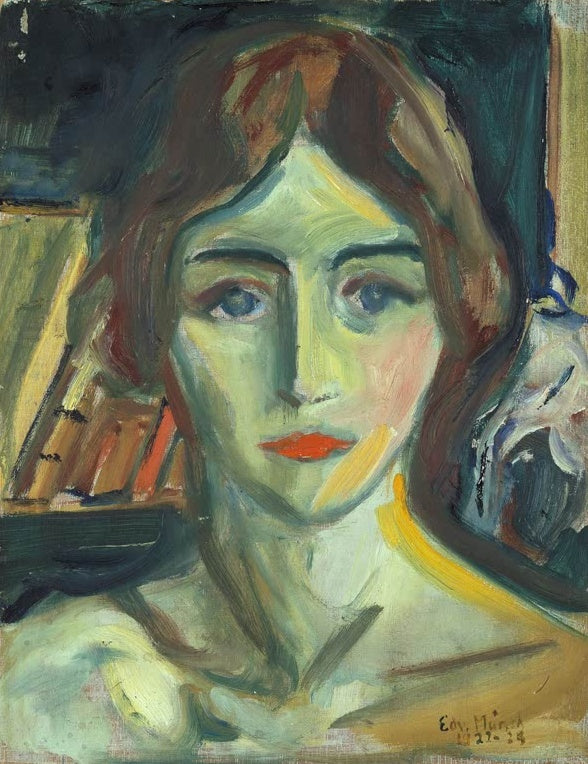 Porträt einer jungen Frau mit langem braunem Haar und roten Lippen – Edvard Munch Birgit Prestøe, Porträtstudie Kunstkopie