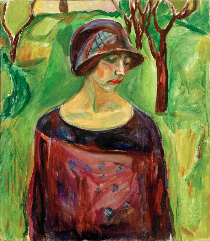 Frau mit dunklem Hut und geneigtem Kopf vor grünem Garten und Bäumen – Edvard Munch Birgit Prestöe im Garten Kunstkopie
