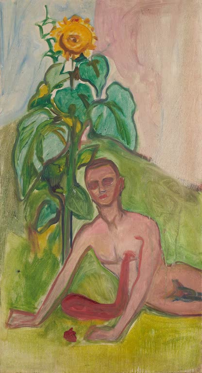 Nackter Mann lehnt an einem Hang neben einer hohen Sonnenblume – Edvard Munch Blutender Mann und Sonnenblume Kunstkopie