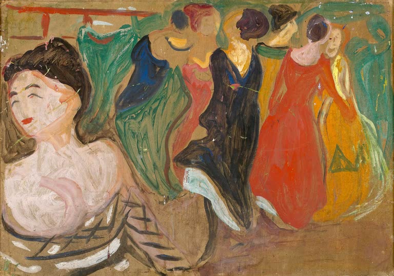 Frau im Vordergrund, dahinter tanzende Paare in grünen, roten und gelben Kleidern – Edvard Munch Bordellszene Kunstkopie