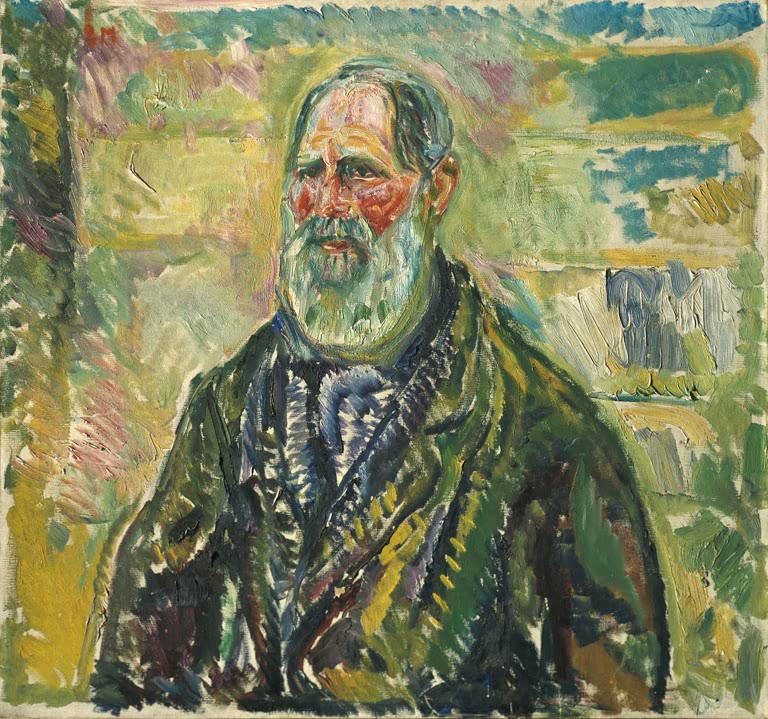 Älterer Mann mit grauem Bart im grünen Mantel vor buntem Grund – Edvard Munch Børre Eriksen Kunstkopie