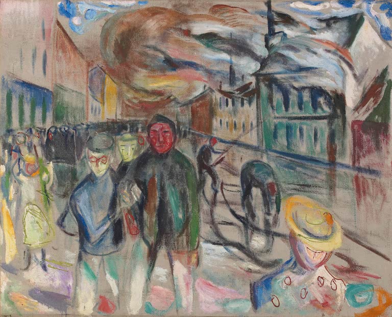 Menschen auf der Straße, dahinter Rauch über den Häusern – Edvard Munch Brand in Grønland Kunstkopie