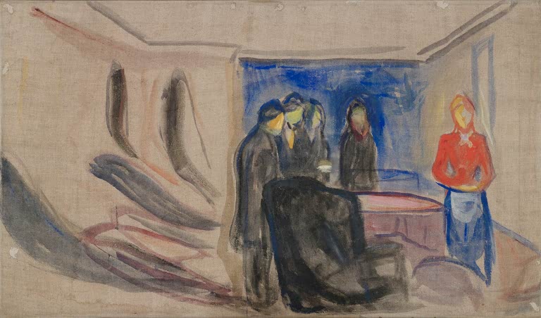 Bühnenraum mit dunklen Gestalten am Tisch, rechts eine Frau in Rot – Edvard Munch Bühnenbild für Ibsens Gespenster Kunstkopie