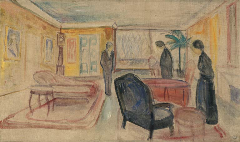 Salon mit Standuhr, Sofa, Palme und drei dunklen Gestalten – Edvard Munch Bühnenbild zu Ibsens Gespenster Kunstkopie