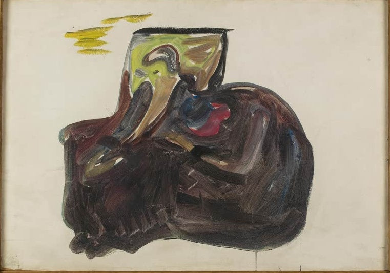 Dunkle Gestalt mit grünem Kopf, darüber gelbe Striche – Edvard Munch Bühnenbild zu Henrik Ibsens Gespenster Kunstkopie