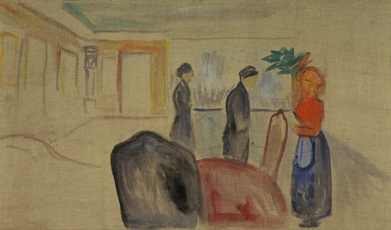 Edvard Munch Bühnenbildentwurf Gespenster Kunstkopie, stilles Interieur mit Figuren in Ocker- und Blautönen