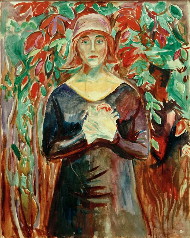 Frau mit rosa Hut vor rotem Weinlaub, die Hände vor der Brust – Edvard Munch Charlotte Corday Kunstkopie