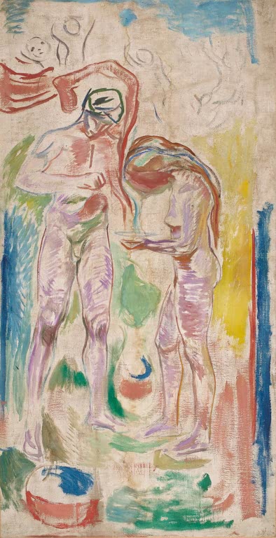 Zwei nackte Gestalten stehen einander gegenüber, zart gemalt auf heller Fläche – Edvard Munch Chemie Kunstkopie