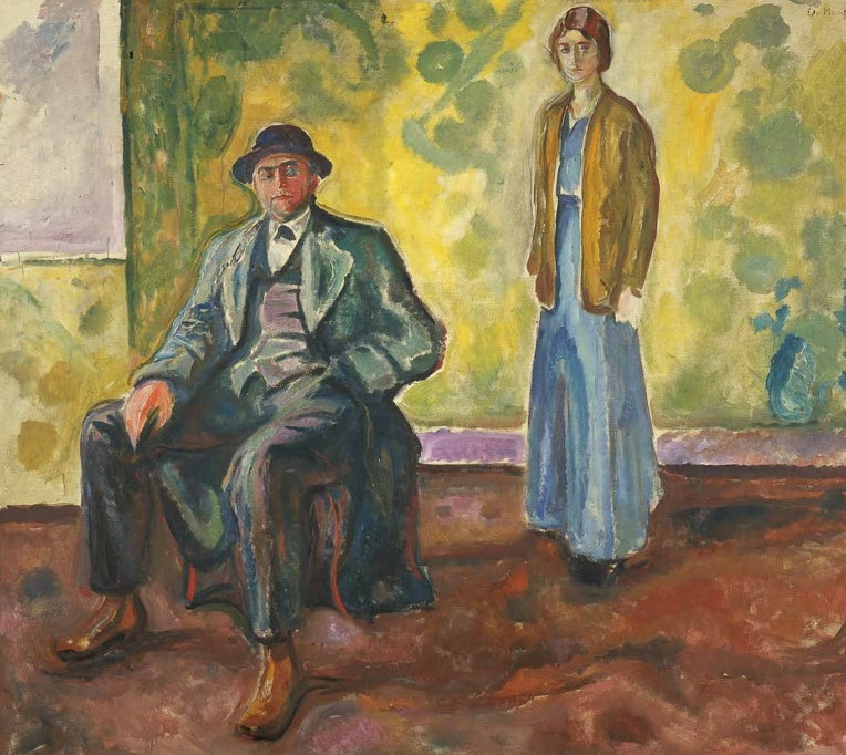 Edvard Munch Christian und Hjørdis Gierløff Kunstkopie, sitzender Mann und stehende Frau vor gelbgrünem Hintergrund