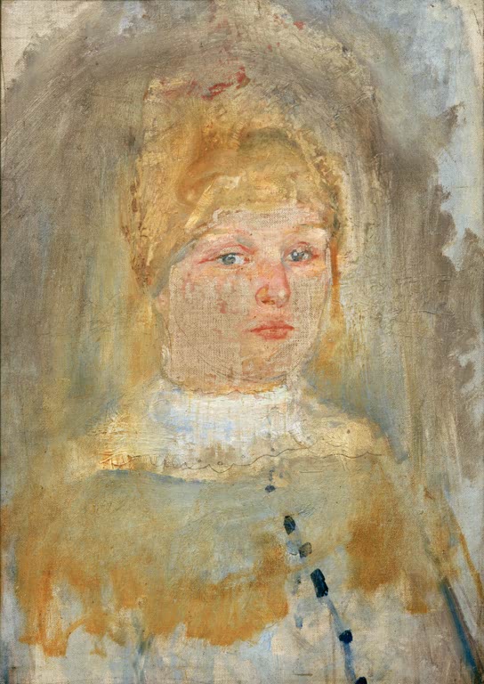 Skizzenhaftes Bildnis eines blonden Mädchens mit hellem Kragen – Edvard Munch Dagny Bohr Konow Kunstkopie