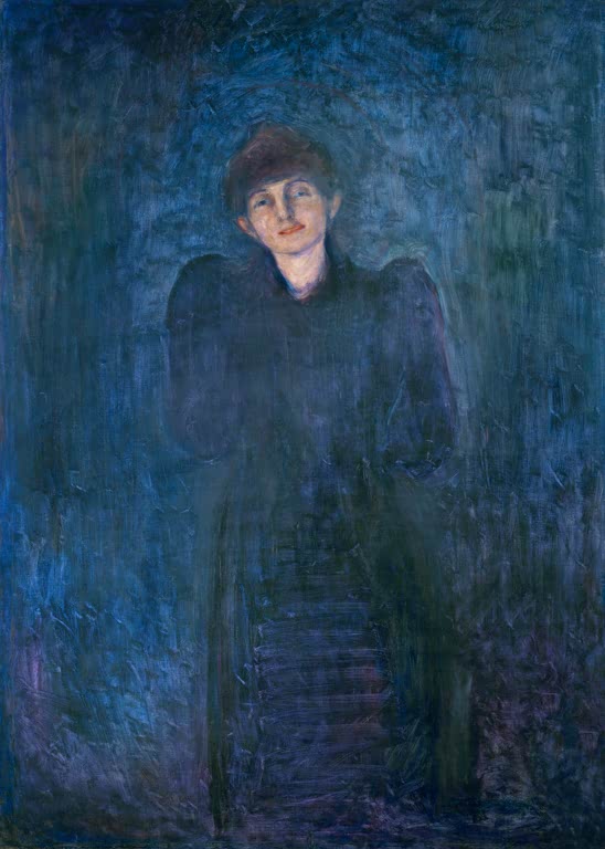 Porträt einer Frau in dunklem Kleid, die aus blauem Dunkel hervortritt – Edvard Munch Dagny Juel Przybyszewka Kunstkopie