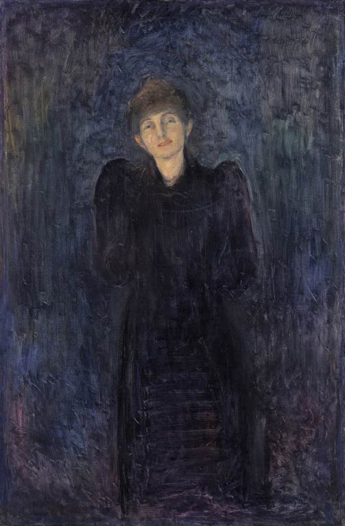 Frau in dunklem Kleid steht vor nachtblauem Hintergrund – Edvard Munch Dagny Juel Przybyszewska Kunstkopie