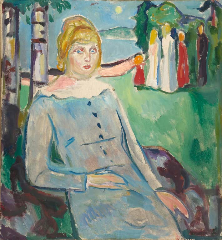 Junge Frau in hellblauer Bluse im Grünen, dahinter Figurengruppe – Edvard Munch Dagny Konow Kunstkopie