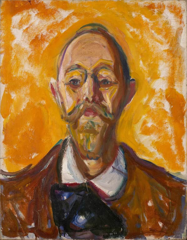 Porträt eines Mannes mit Schnurrbart und Brille vor leuchtend gelbem Hintergrund – Edvard Munch Daniel Jacobson Kunstkopie